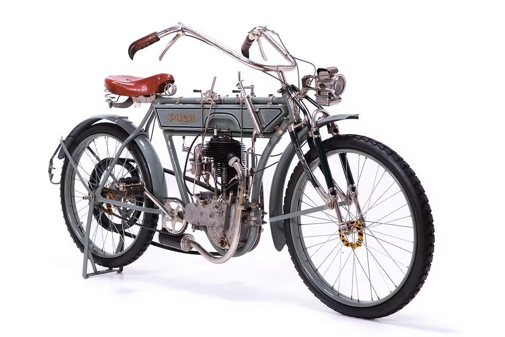 Puch N Typ 1912 vintage motorcycle - Villa D'Este 2015 first prize winner, four-stroke model from Slovenian founder Janez Puh displayed at GROM Motorcycle Museum